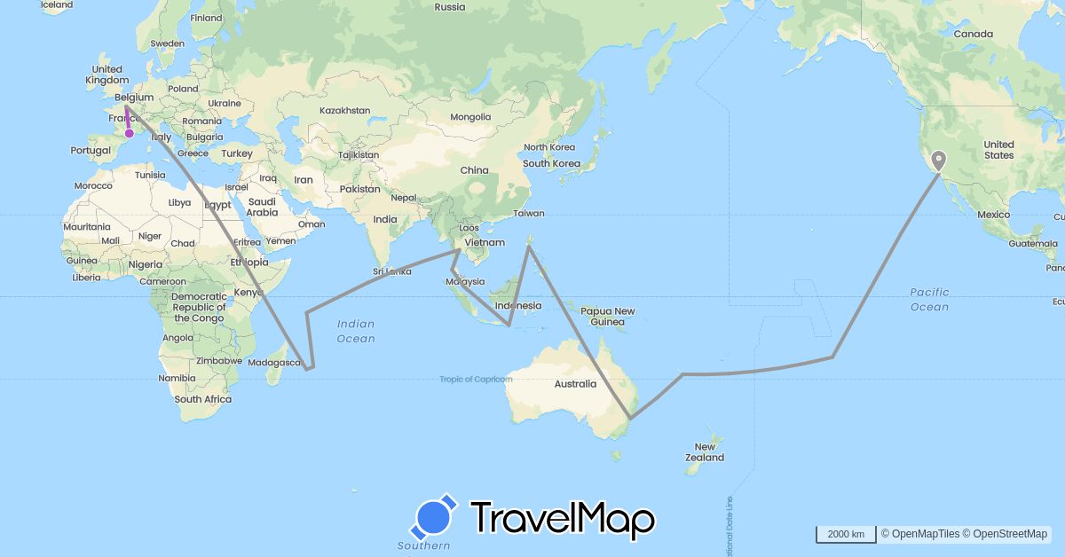 TravelMap itinerary: driving, plane, train in Australia, France, Indonesia, Sri Lanka, Mauritius, Maldives, Malaysia, Philippines, Seychelles, Thailand, United States (Africa, Asia, Europe, North America, Oceania)