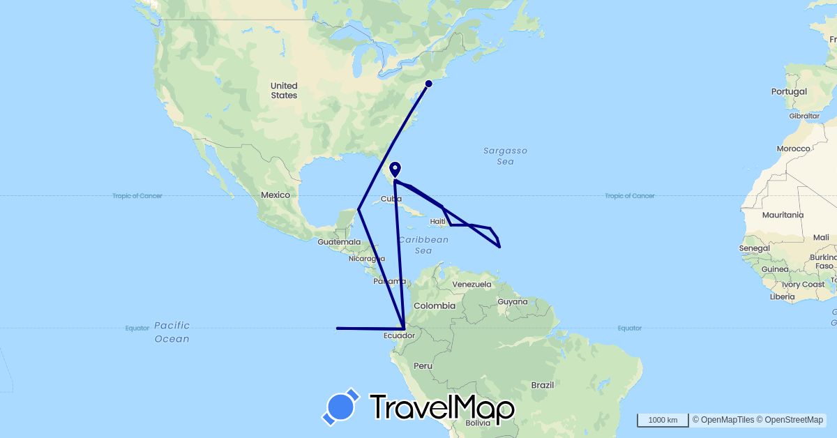 TravelMap itinerary: driving in Bahamas, Dominican Republic, Ecuador, France, Mexico, Turks and Caicos Islands, United States (Europe, North America, South America)